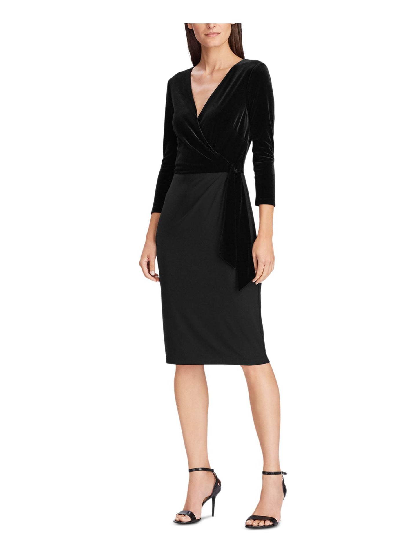 Ralph Lauren Women's Tie Velvet 3/4 Sleeve V Neck MIDI Evening Wrap Dress Black Size 12