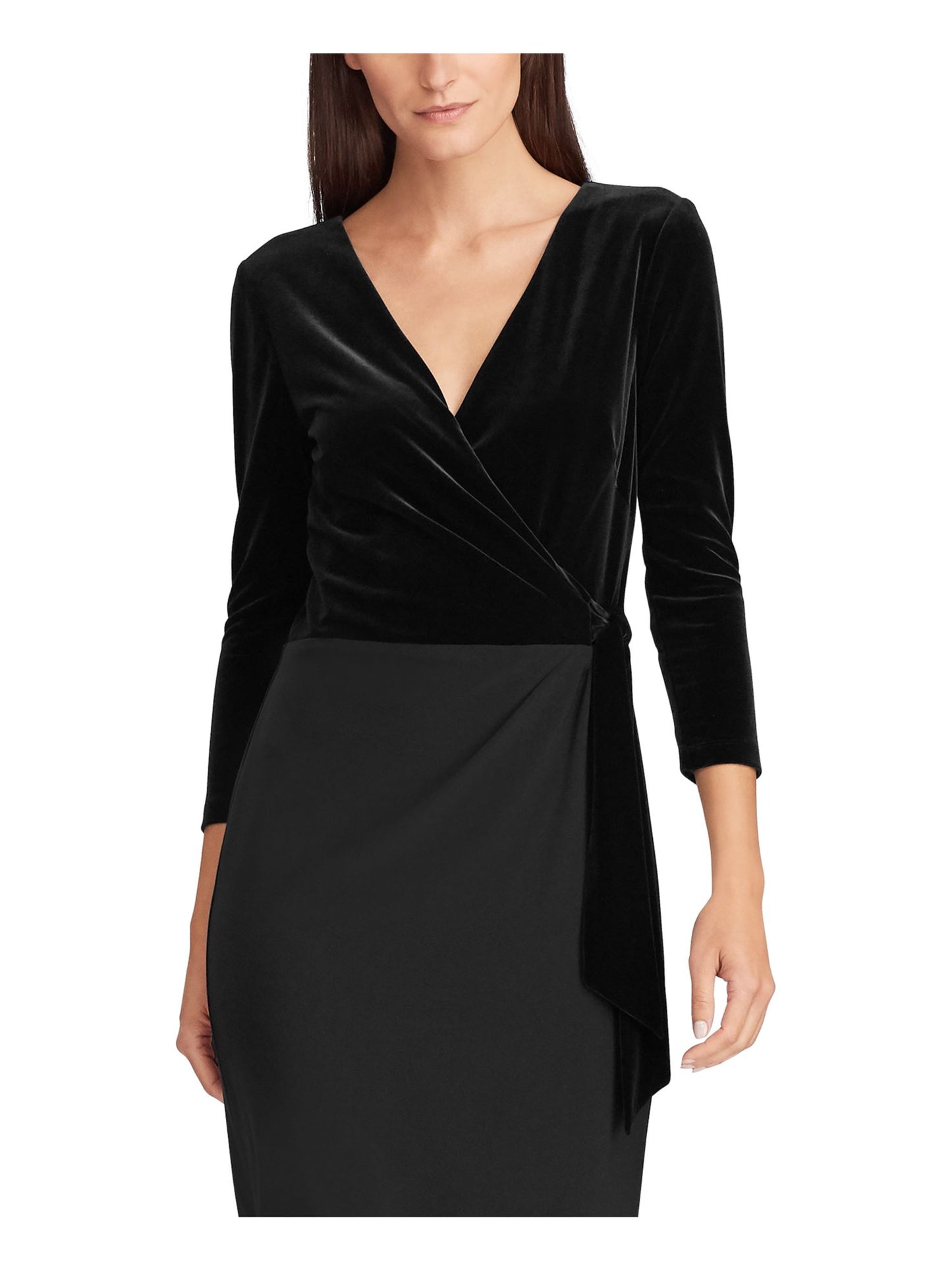 Ralph Lauren Women's Tie Velvet 3/4 Sleeve V Neck MIDI Evening Wrap Dress Black Size 12