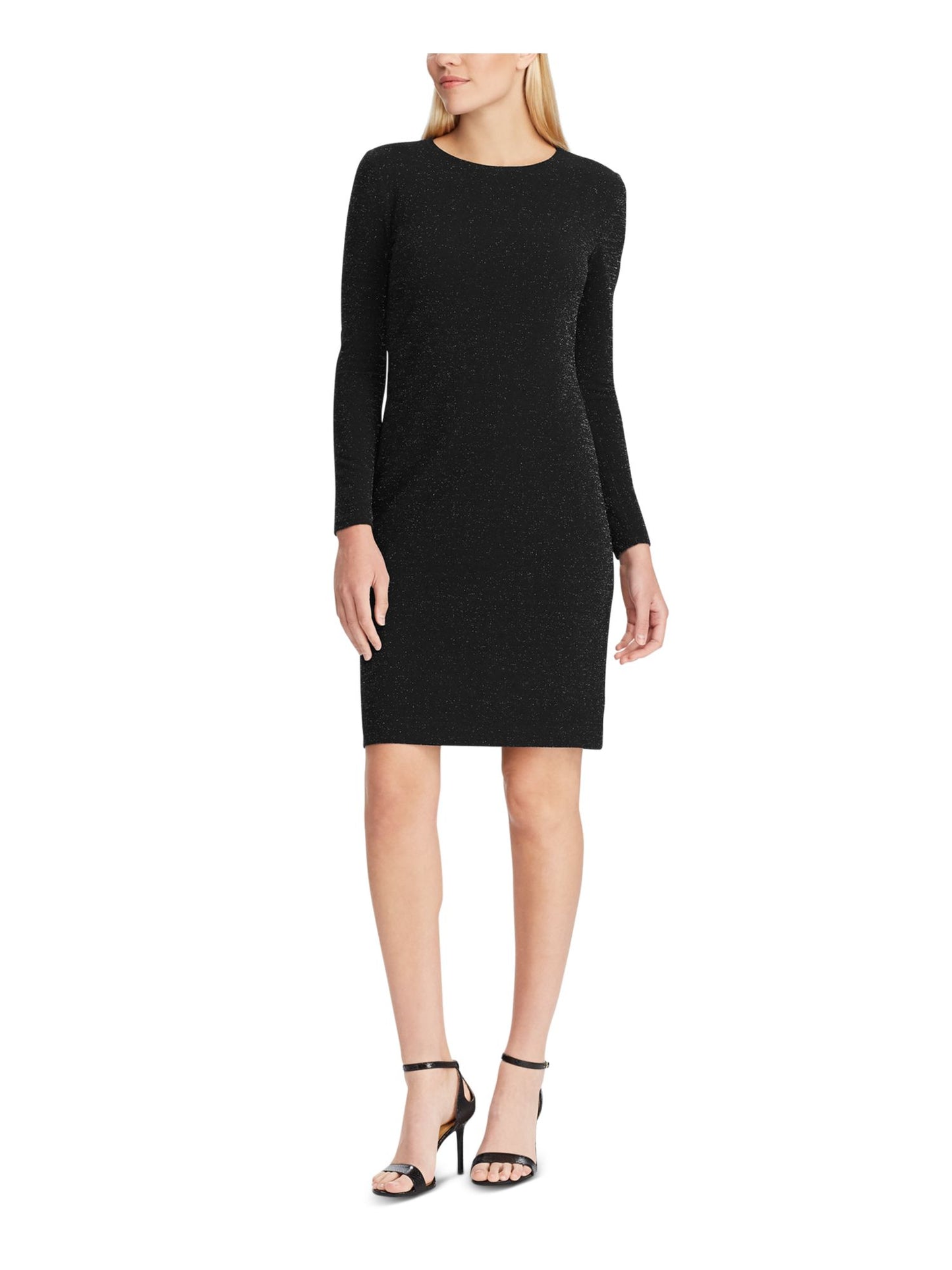 Ralph Lauren Women's Glitter Long Sleeve Jewel Neck Above the Knee Body Con Cocktail Dress Black Size 14 Petite