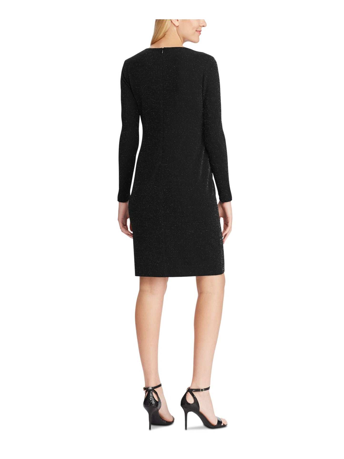 Ralph Lauren Women's Glitter Long Sleeve Jewel Neck Above the Knee Body Con Cocktail Dress Black Size 14 Petite
