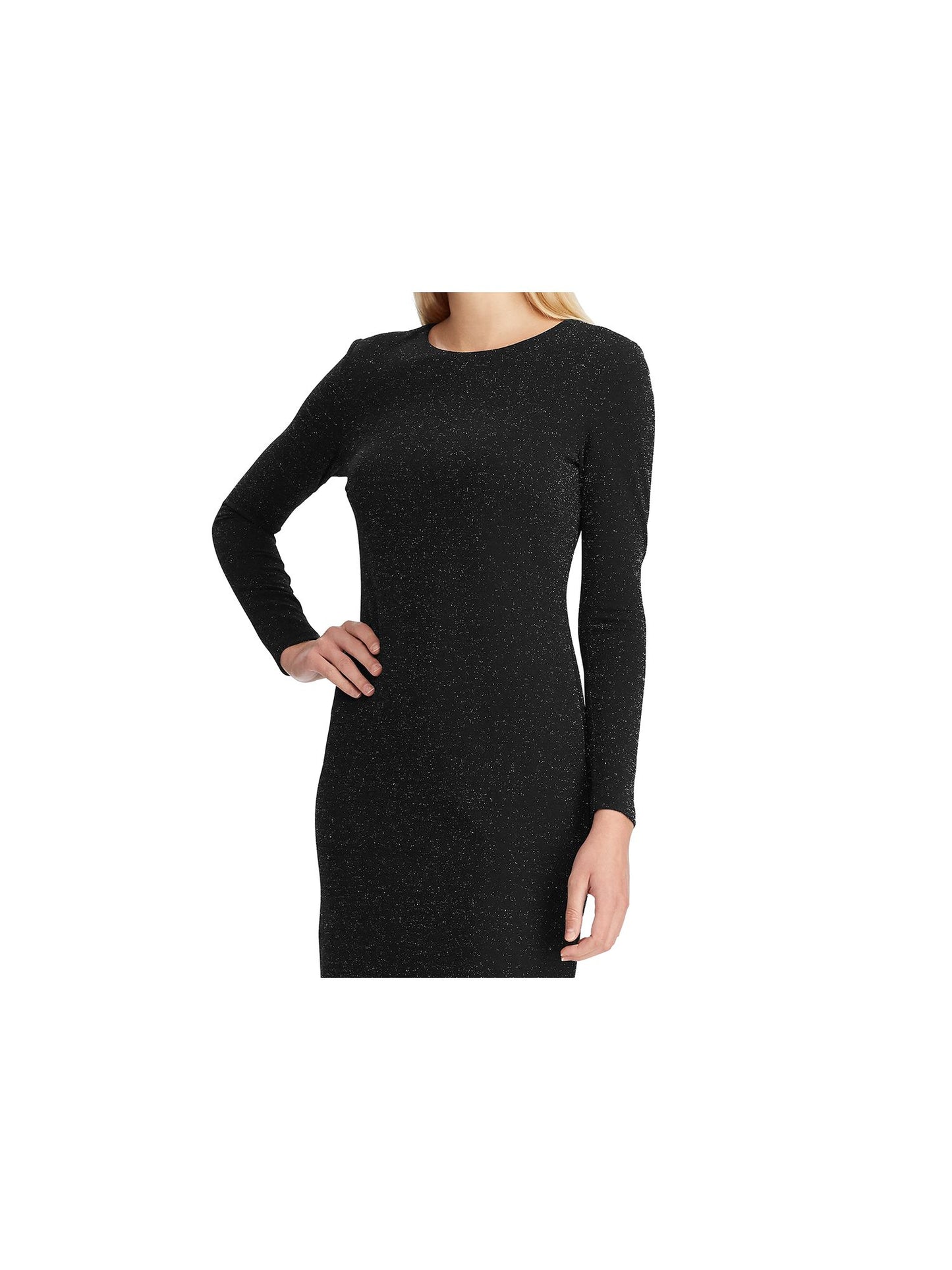 Ralph Lauren Women's Glitter Long Sleeve Jewel Neck Above the Knee Body Con Cocktail Dress Black Size 14 Petite