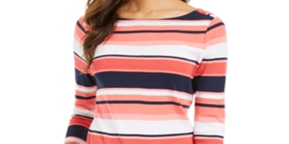 Charter Club Women's Pima Cotton Button Shoulder Stripe Top Coral Size L