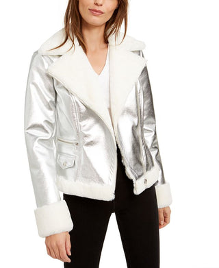 Bar III Women's Faux Fur Trim Motorcycle Jacket Gray Size Small