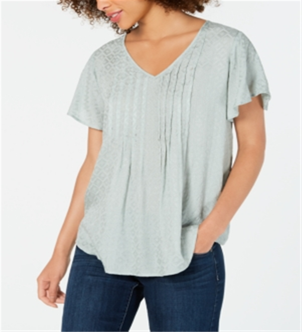 Style & Co Women's Textured Flutter Sleeve Top Green Size Petite M