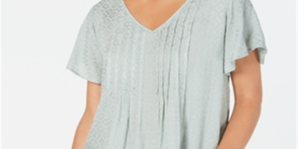 Style & Co Women's Textured Flutter Sleeve Top Green Size Petite M