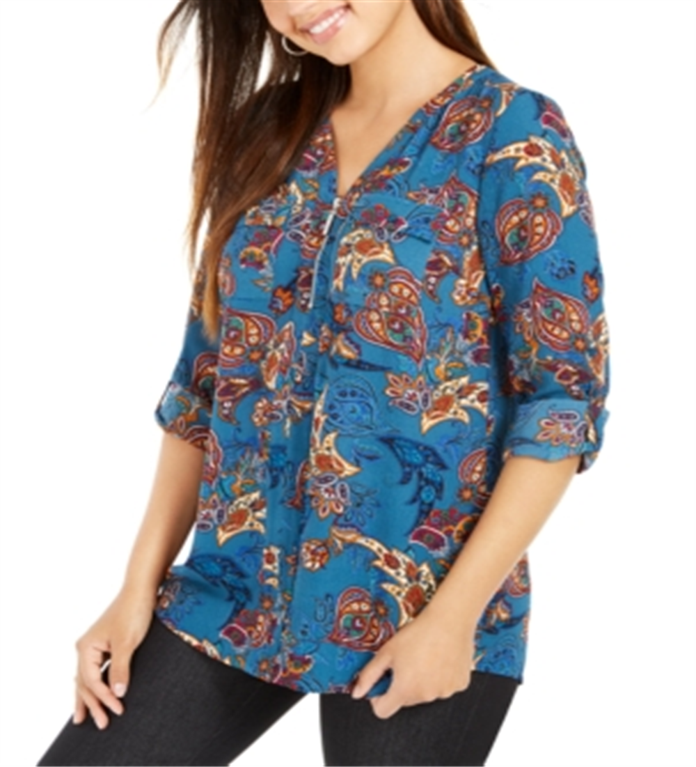 NY Collection Women's Paisley Blouse Blue Size Petite X-Large