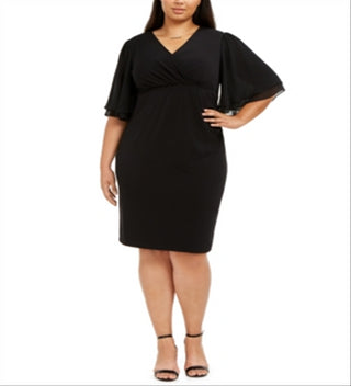 Connected Women's Plus Flutter Sleeve Sheath Dress Black Size 14W