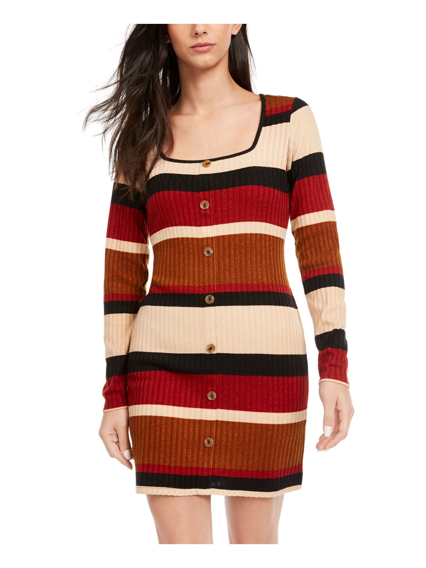 Ultra Flirt Junior's Sheath Rib Knit Stripe Sweater Dress Beige Size XX-Small