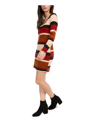 Ultra Flirt Junior's Sheath Rib Knit Stripe Sweater Dress Beige Size XX-Small