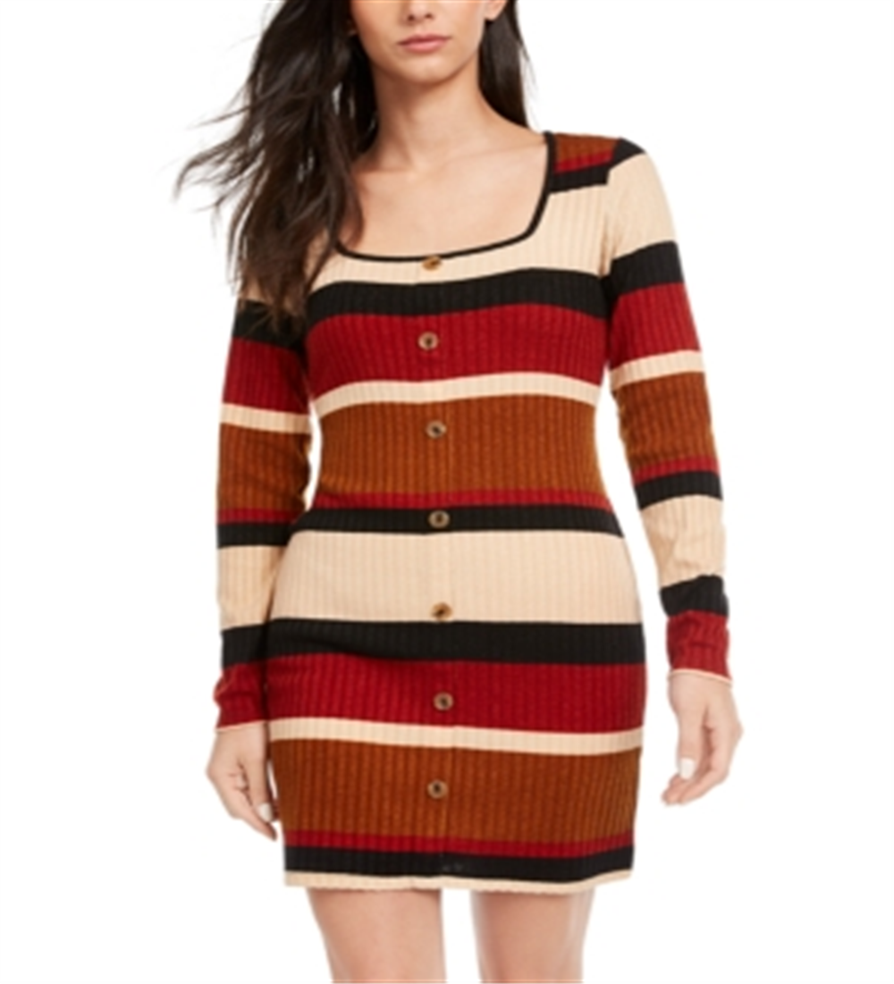Ultra Flirt Junior's Sheath Rib Knit Stripe Sweater Dress Beige Size XX-Small