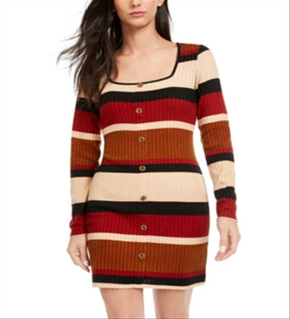 Ultra Flirt Junior's Sheath Rib Knit Stripe Sweater Dress Beige Size XX-Small