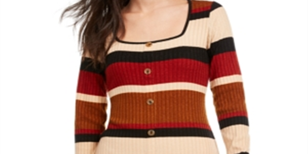 Ultra Flirt Junior's Sheath Rib Knit Stripe Sweater Dress Beige Size XX-Small