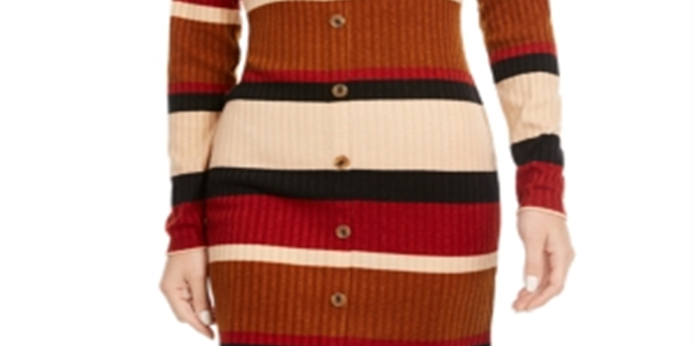 Ultra Flirt Junior's Sheath Rib Knit Stripe Sweater Dress Beige Size XX-Small