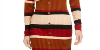 Ultra Flirt Junior's Sheath Rib Knit Stripe Sweater Dress Beige Size XX-Small