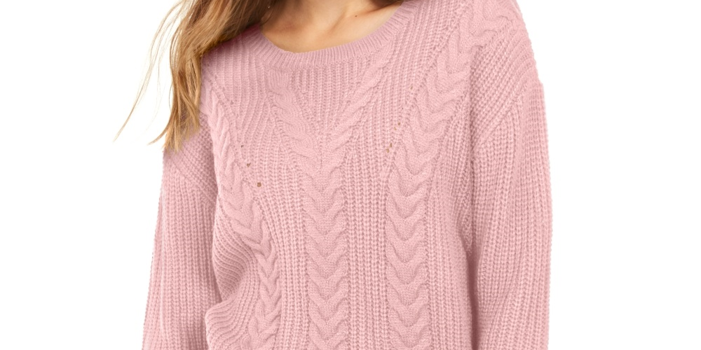 Crave Fame Women's Lace-Up Back Cable Sweater Pink Size X-Small