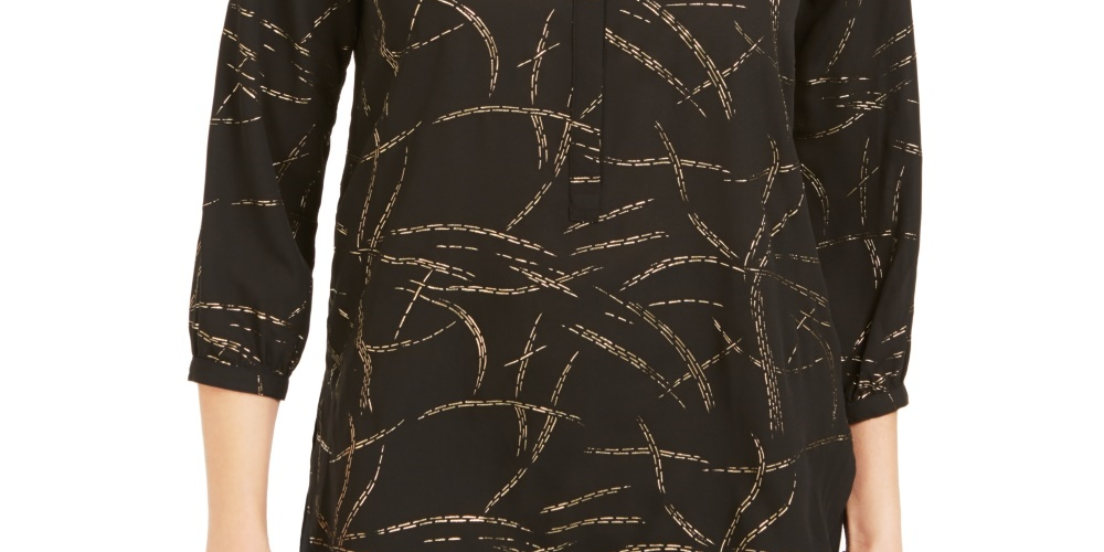 JM Collection Women's Printed Pleated-Back Blouse Black Size Large