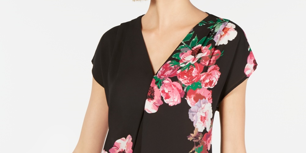 INC International Concepts Women's Petite Floral-Print V-Neck Top Black Size PM