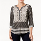 Style & Co Women's Printed Peasant Top Black- Cream Size Petite M