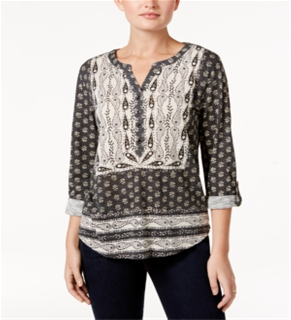 Style & Co Women's Printed Peasant Top Black- Cream Size Petite M