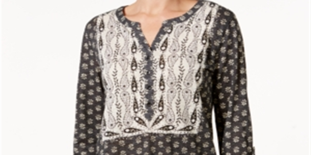 Style & Co Women's Printed Peasant Top Black- Cream Size Petite M