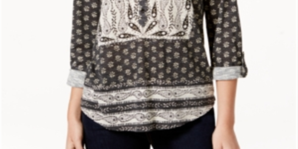 Style & Co Women's Printed Peasant Top Black- Cream Size Petite M