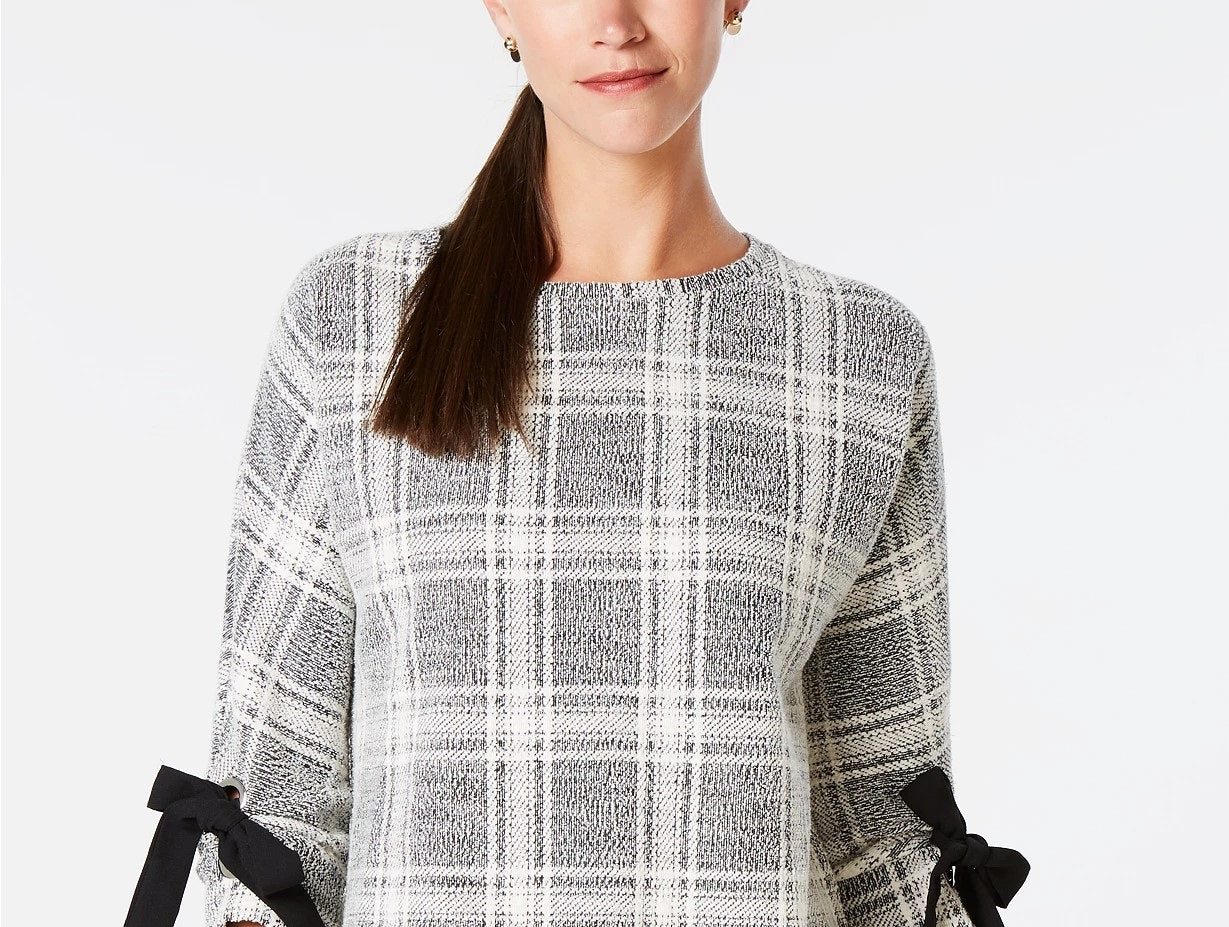 Charter Club Plaid Bow-Sleeve Top Black Size XX-Large