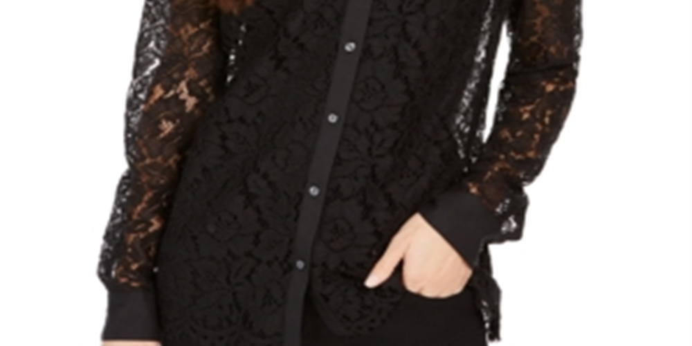 Charter Club Women's Lace Button up Shirt Black Size Petite Small
