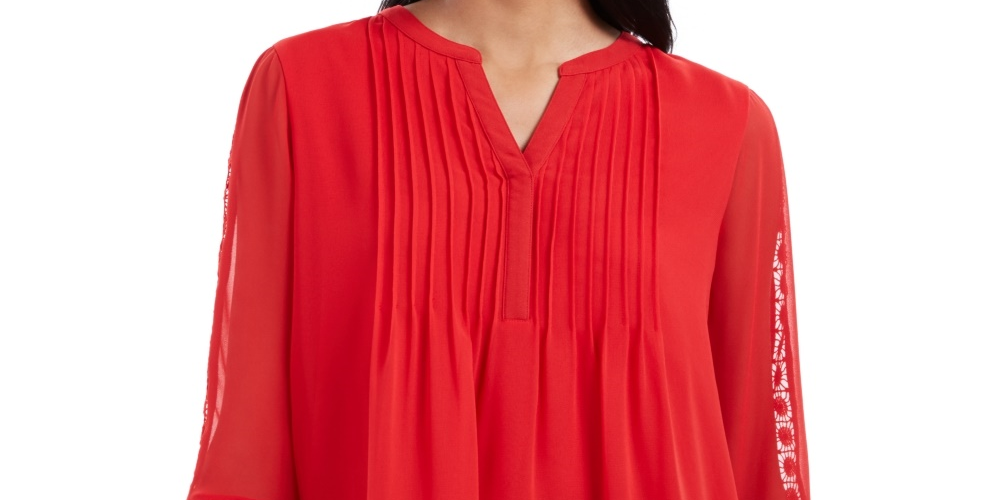 Charter Club Women's Solid Knit Pintuck Top  Red Size Small