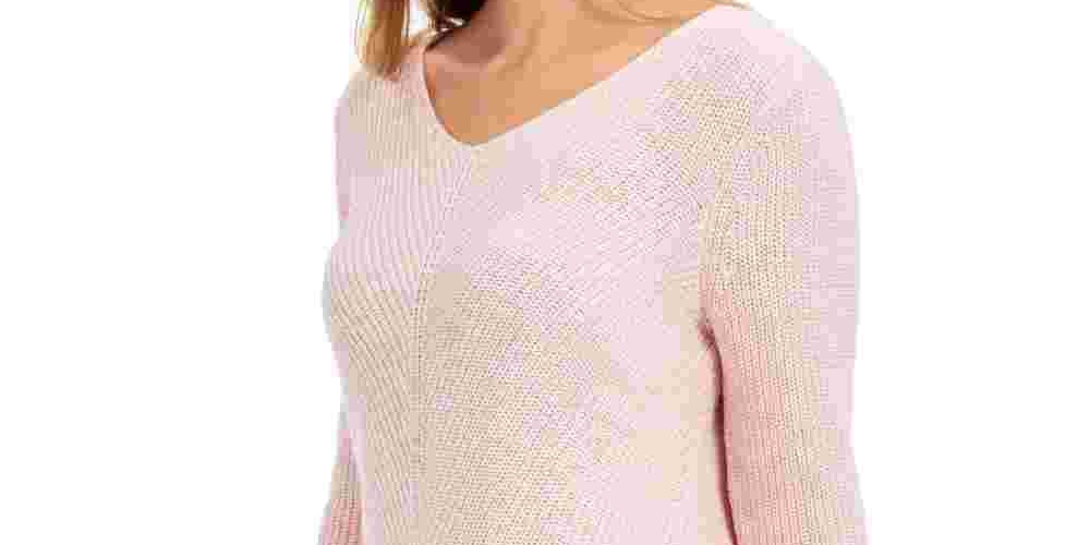 Style & Co Women's Ribbed V-Neck Cotton Sweater Pink Size X-Small