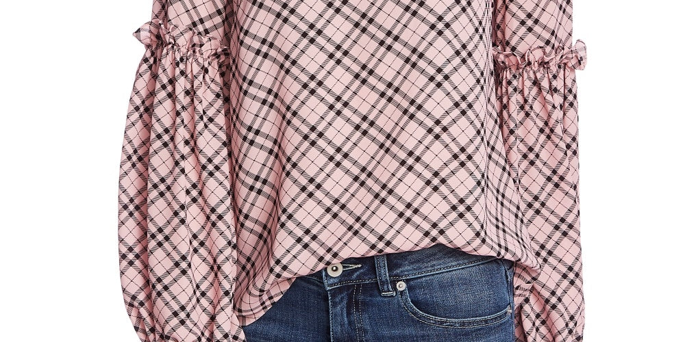 CeCe Women's Elegant Plaid Puff Lantern-Sleeve Top Red Size Large