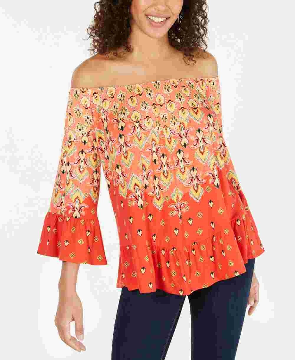 Style & Co Women's Printed Off-The-Shoulder Top  Orange Size Medium