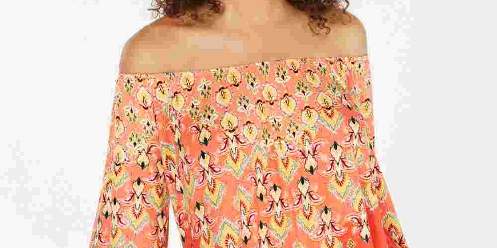 Style & Co Women's Printed Off-The-Shoulder Top  Orange Size Medium