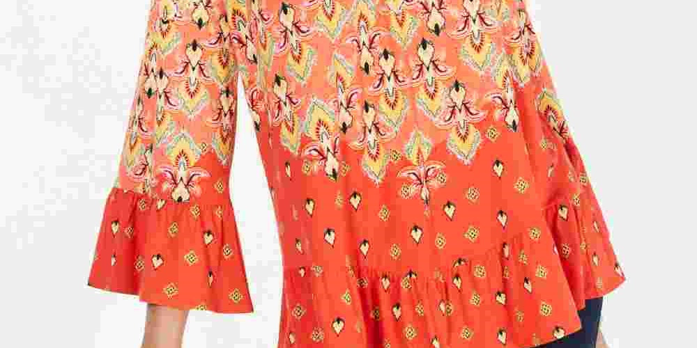 Style & Co Women's Printed Off-The-Shoulder Top  Orange Size Medium