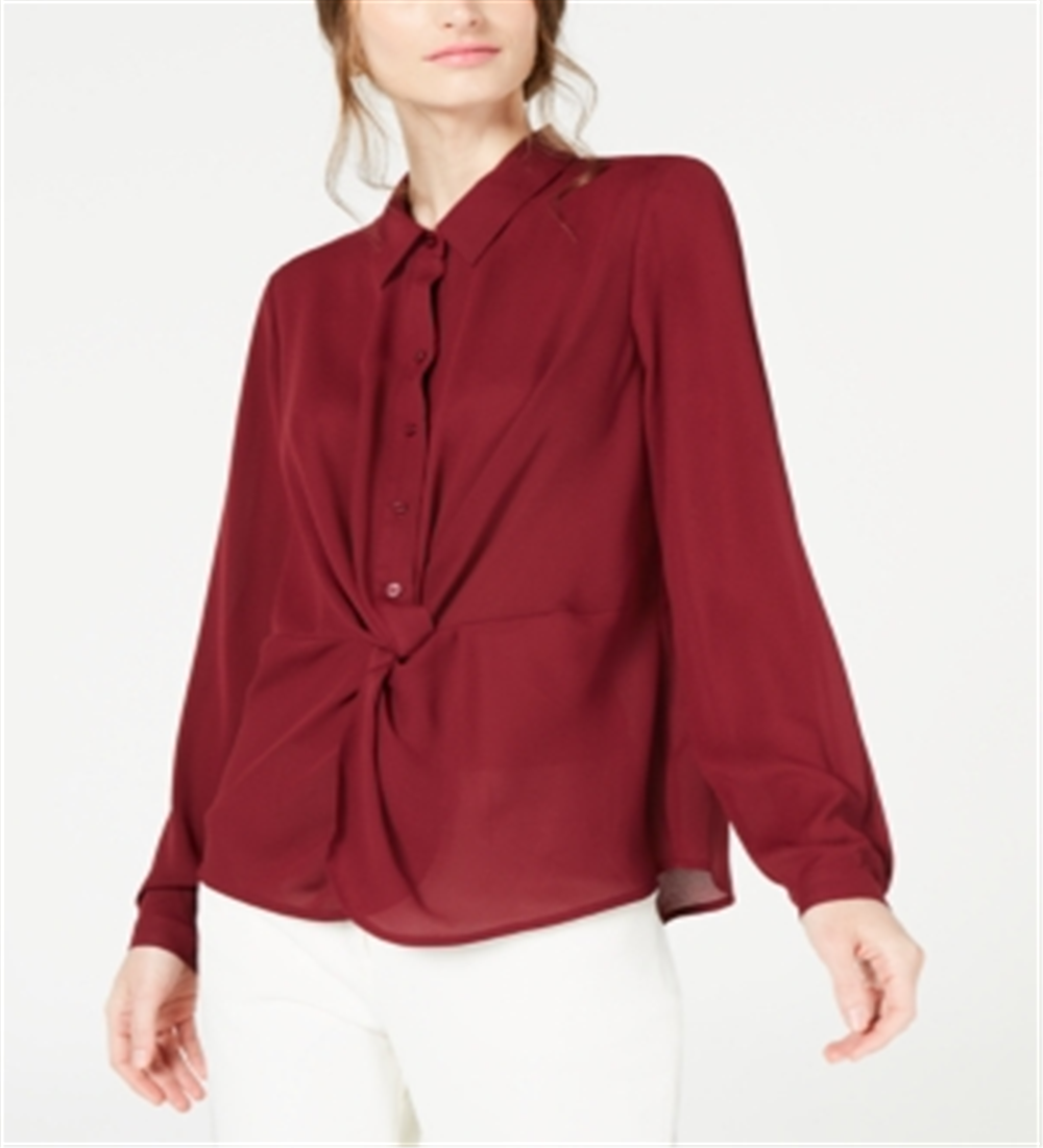 Alfani Women's Twist Front Button up Top Maroon Size -Petite S