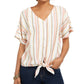 Style & Co Women's Striped Tie-Front V-Neck Top  Pink Size Small