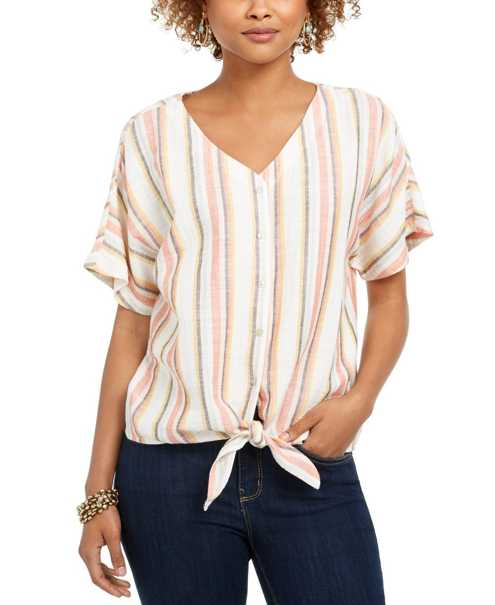 Style & Co Women's Striped Tie-Front V-Neck Top  Pink Size Small