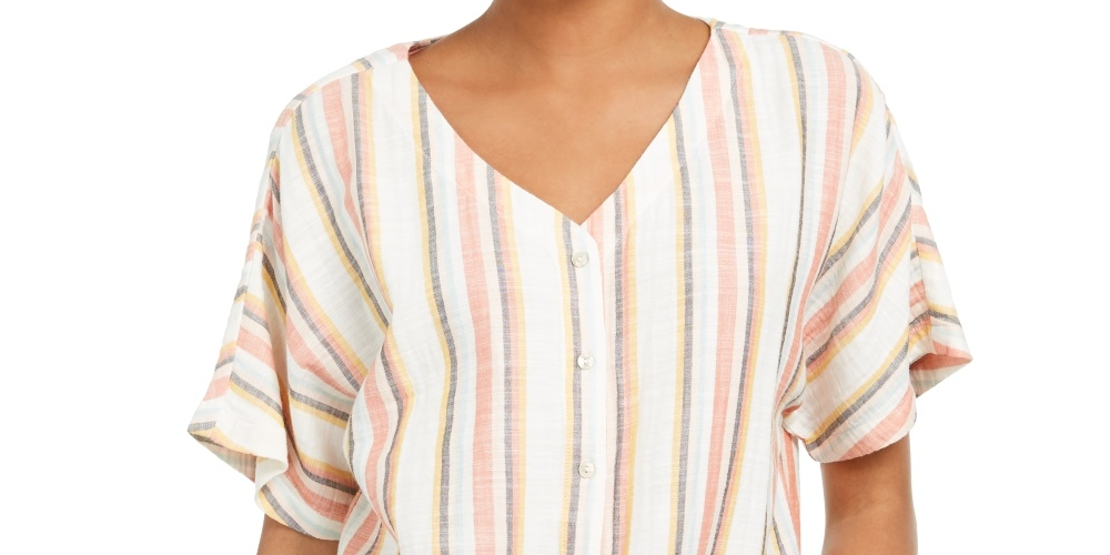 Style & Co Women's Striped Tie-Front V-Neck Top  Pink Size Small