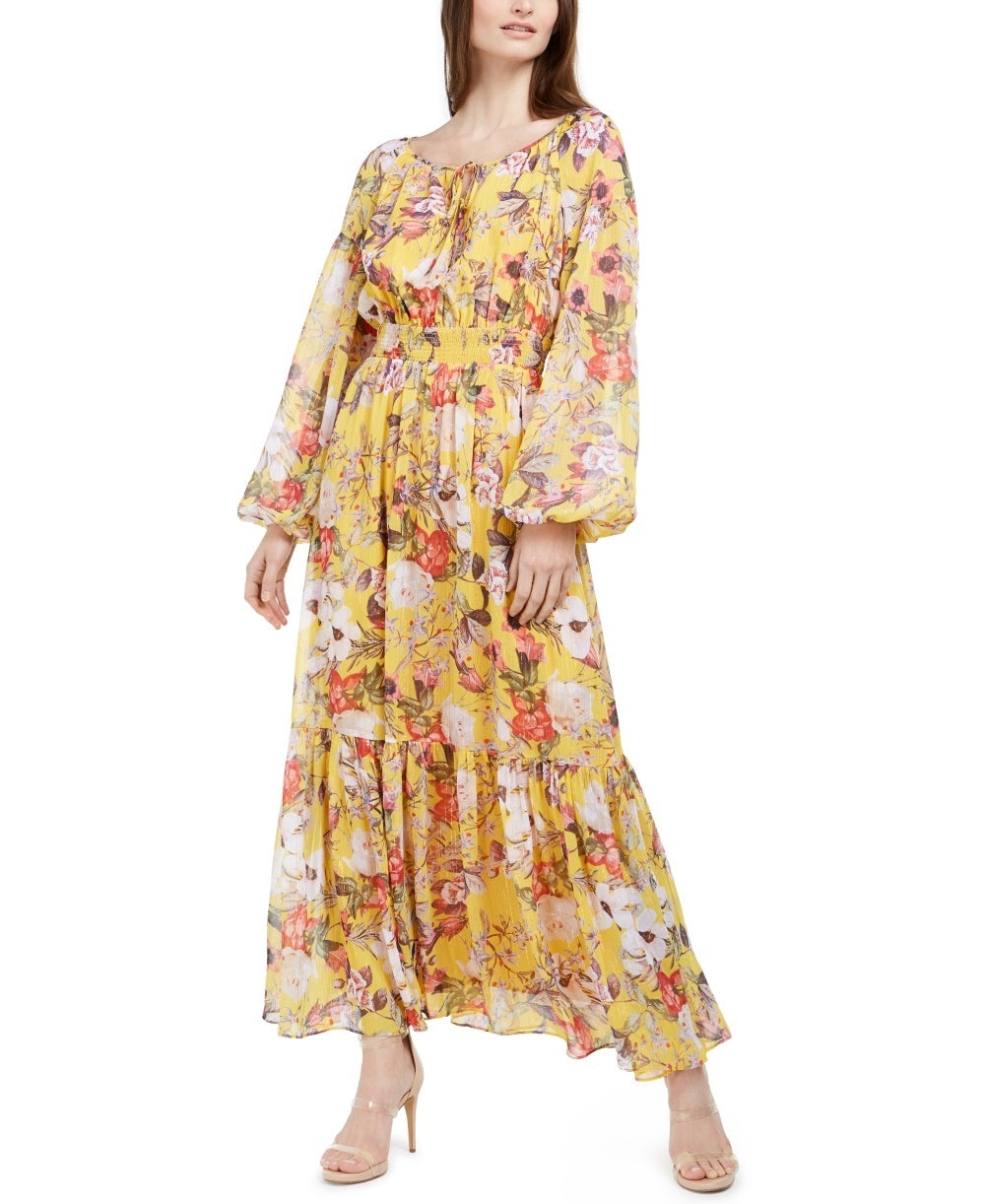 INC International Concepts Women's Printed Peasant Maxi Dress Yellow Size X-Small