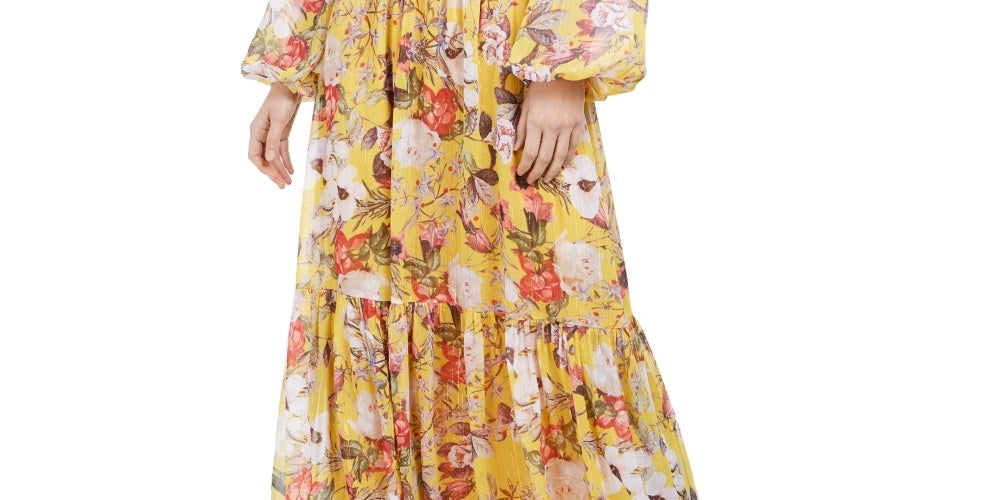 INC International Concepts Women's Printed Peasant Maxi Dress Yellow Size X-Small
