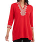 Charter Club Women's Printed 3/4 Sleeve Keyhole Top Red Size Petite Small
