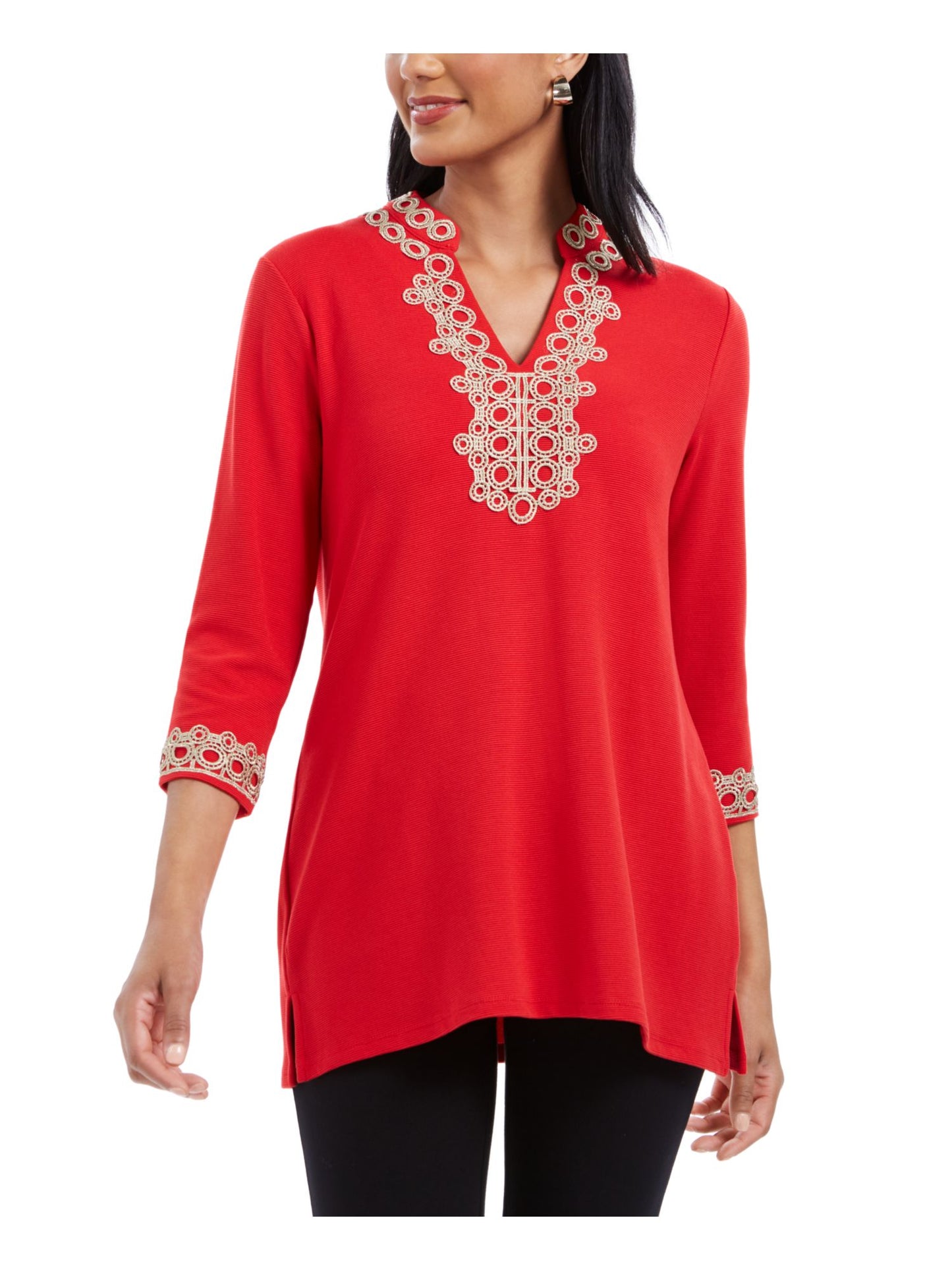 Charter Club Women's Printed 3/4 Sleeve Keyhole Top Red Size Petite Small