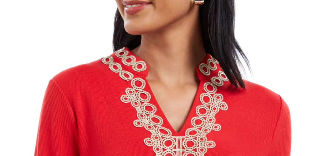 Charter Club Women's Printed 3/4 Sleeve Keyhole Top Red Size Petite Small
