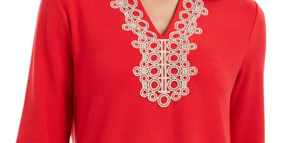 Charter Club Women's Printed 3/4 Sleeve Keyhole Top Red Size Petite Small