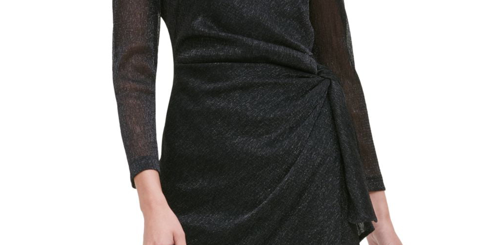 Tommy Hilfiger Women's Sheath Metallic Wrap Skirt Black Dress Black Size 8 Petite