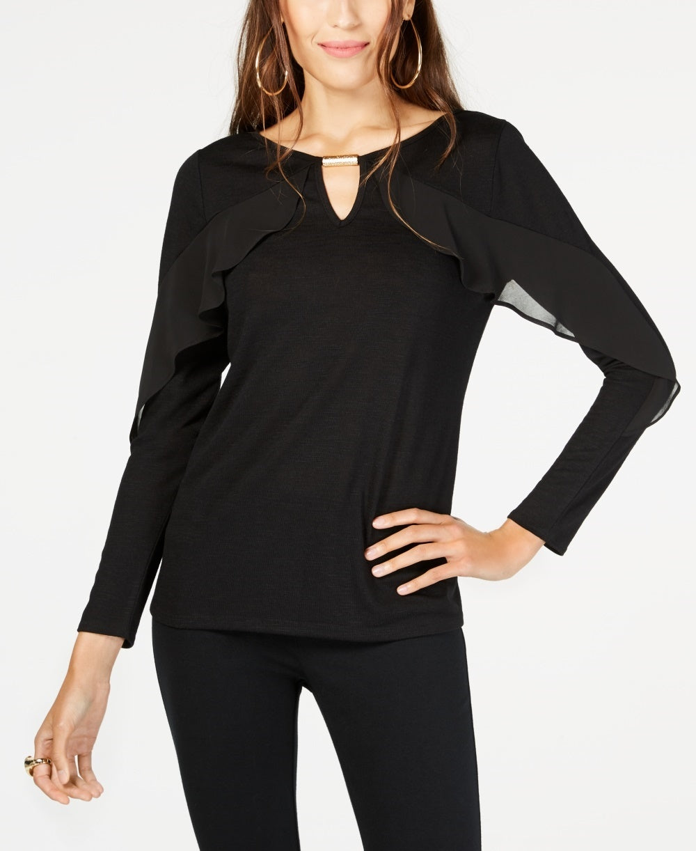 Thalia Sodi Women's Ruffle Trim Keyhole Top Black Size Large