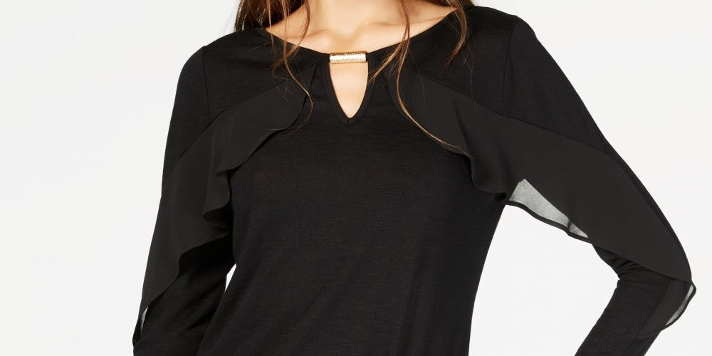 Thalia Sodi Women's Ruffle Trim Keyhole Top Black Size Large