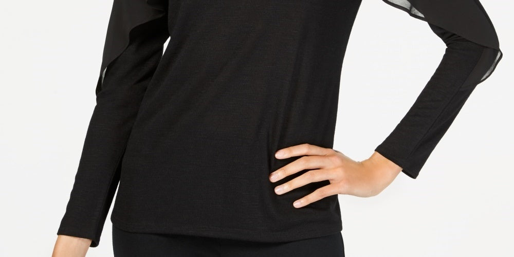 Thalia Sodi Women's Ruffle Trim Keyhole Top Black Size Large