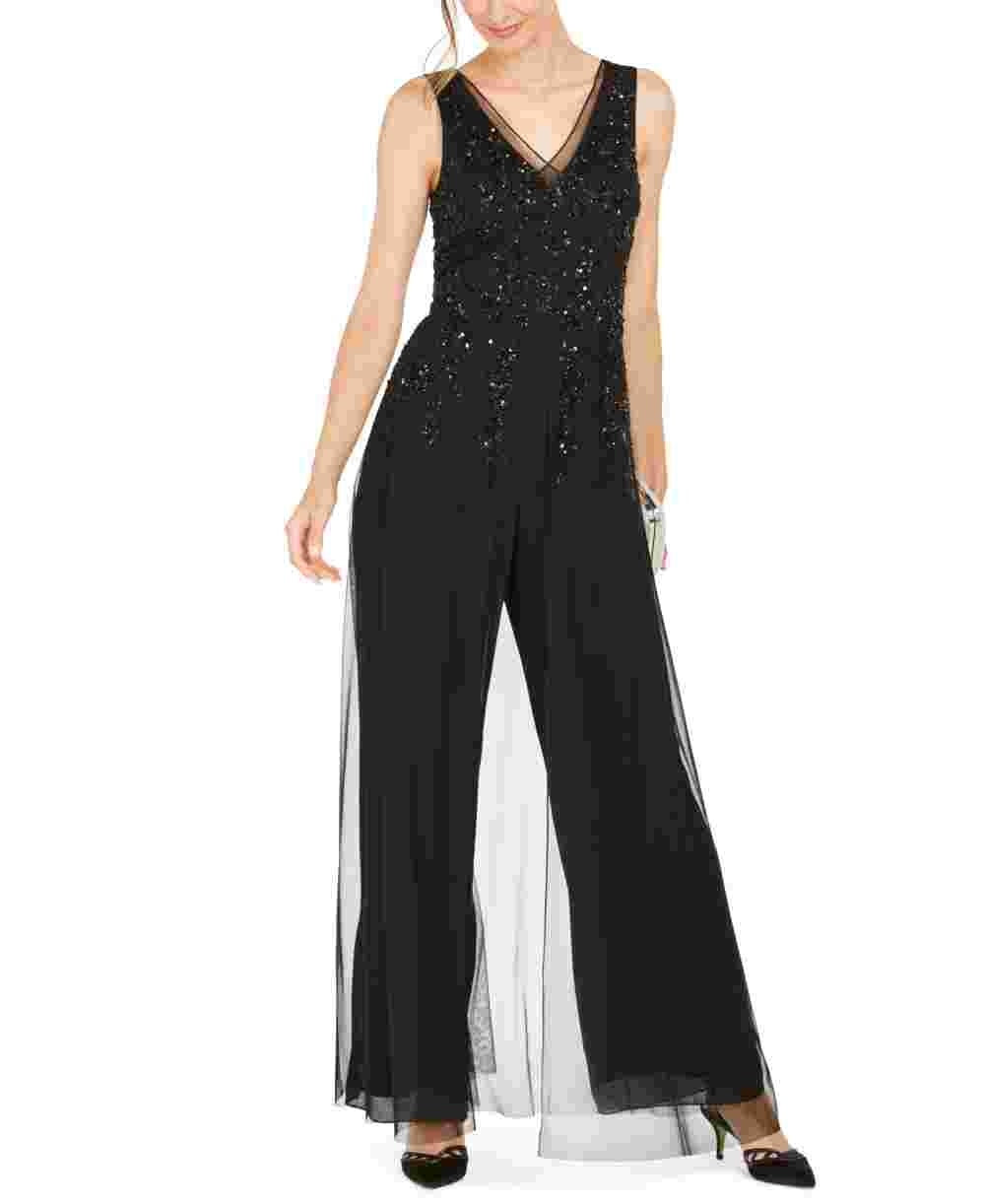 Adrianna Papell Women's Beaded Skirt Overlay Jumpsuit Black Size 4