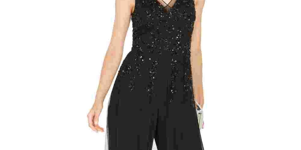 Adrianna Papell Women's Beaded Skirt Overlay Jumpsuit Black Size 4
