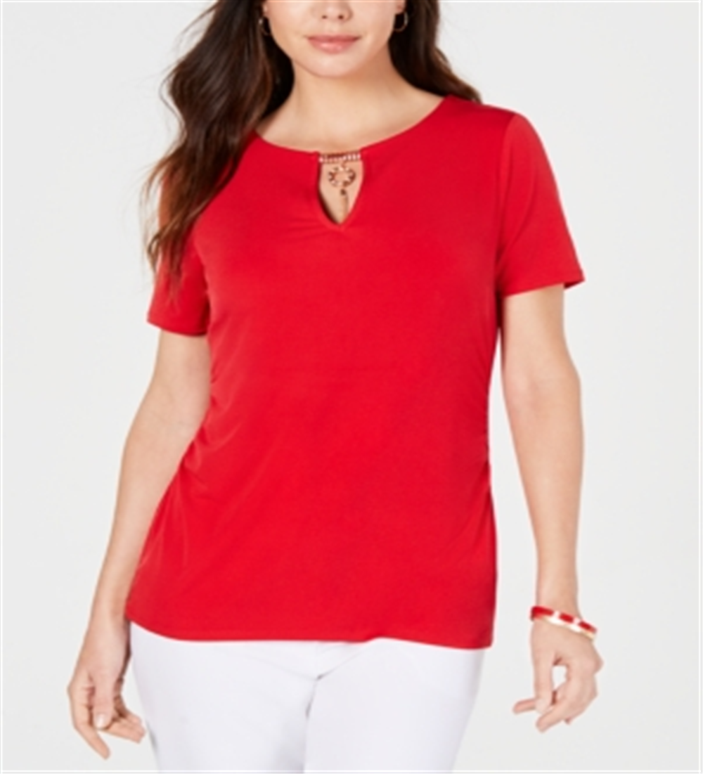 JM Collection Women's Embellished Keyhole Top Red Size Petite S/M